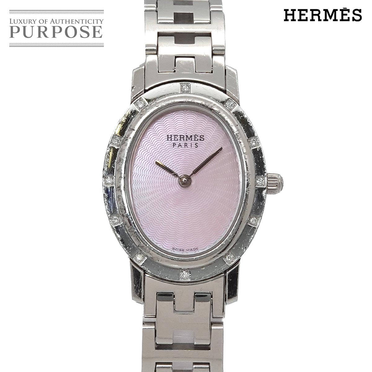 HERMES クリッパー ナクレ オーバル CO1 230 ヴィンテージ レディース 腕時計 ダイヤベゼル ピンクシェル クォーツ ウォッチ Clipper エルメス 90340196