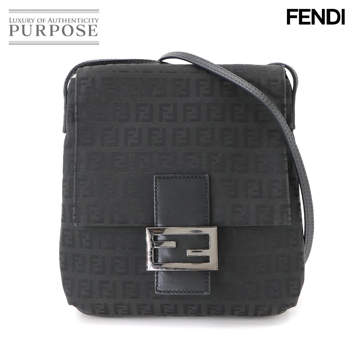 FENDI ズッキーノ ショルダー バッグ キャンバス レザー ブラック 8BT075 ガンメタ 金具 Zucchino Shoulder Bag フェンディ 90336427