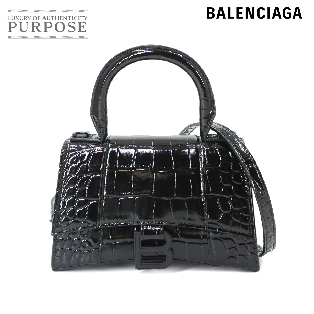 BALENCIAGA アワーグラス XS 2way ハンド ショルダー バッグ レザー クロコ型押し ブラック 592833 Hourglass Bag バレンシアガ 90338231