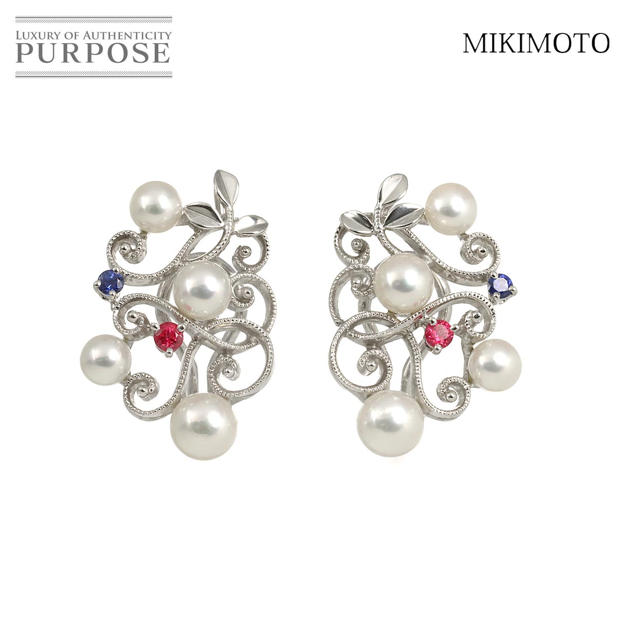 MIKIMOTO アコヤ真珠 5.3-4.1mm ルビー サファイヤ イヤリング K18 WG 750 ホワイトゴールド パール Akoya Pearl Earrings Clip on ミキモト 90331484