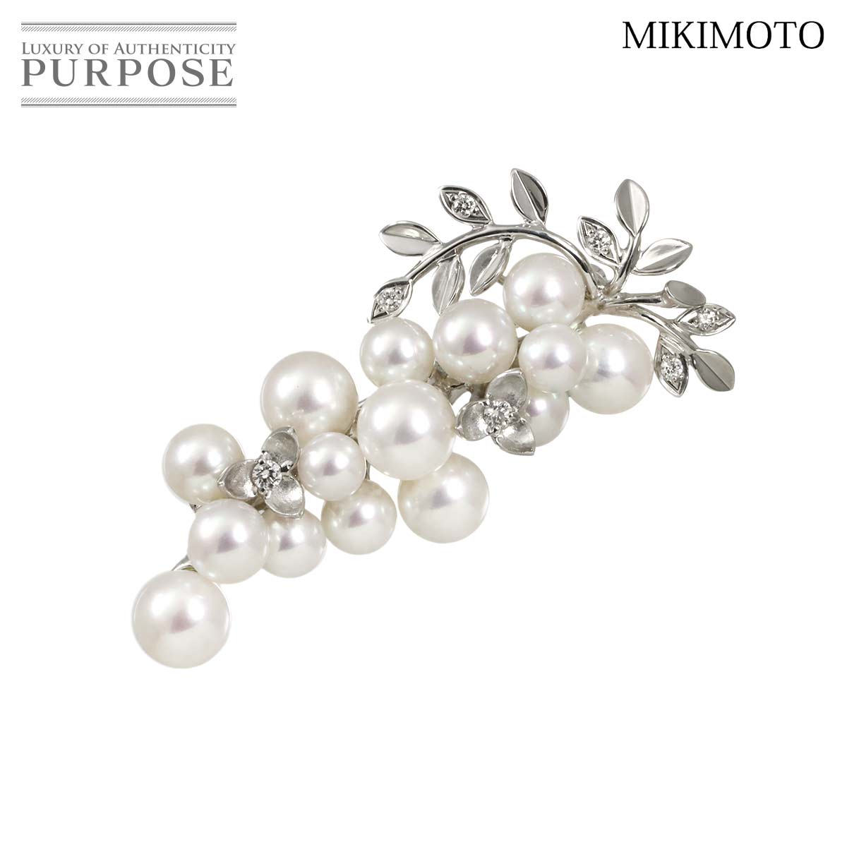 MIKIMOTO アコヤ真珠 7.5-5.1mm ダイヤ ブローチ K18 WG ホワイトゴールド 750 パール Akoya Pearl Brooch ミキモト 90332252
