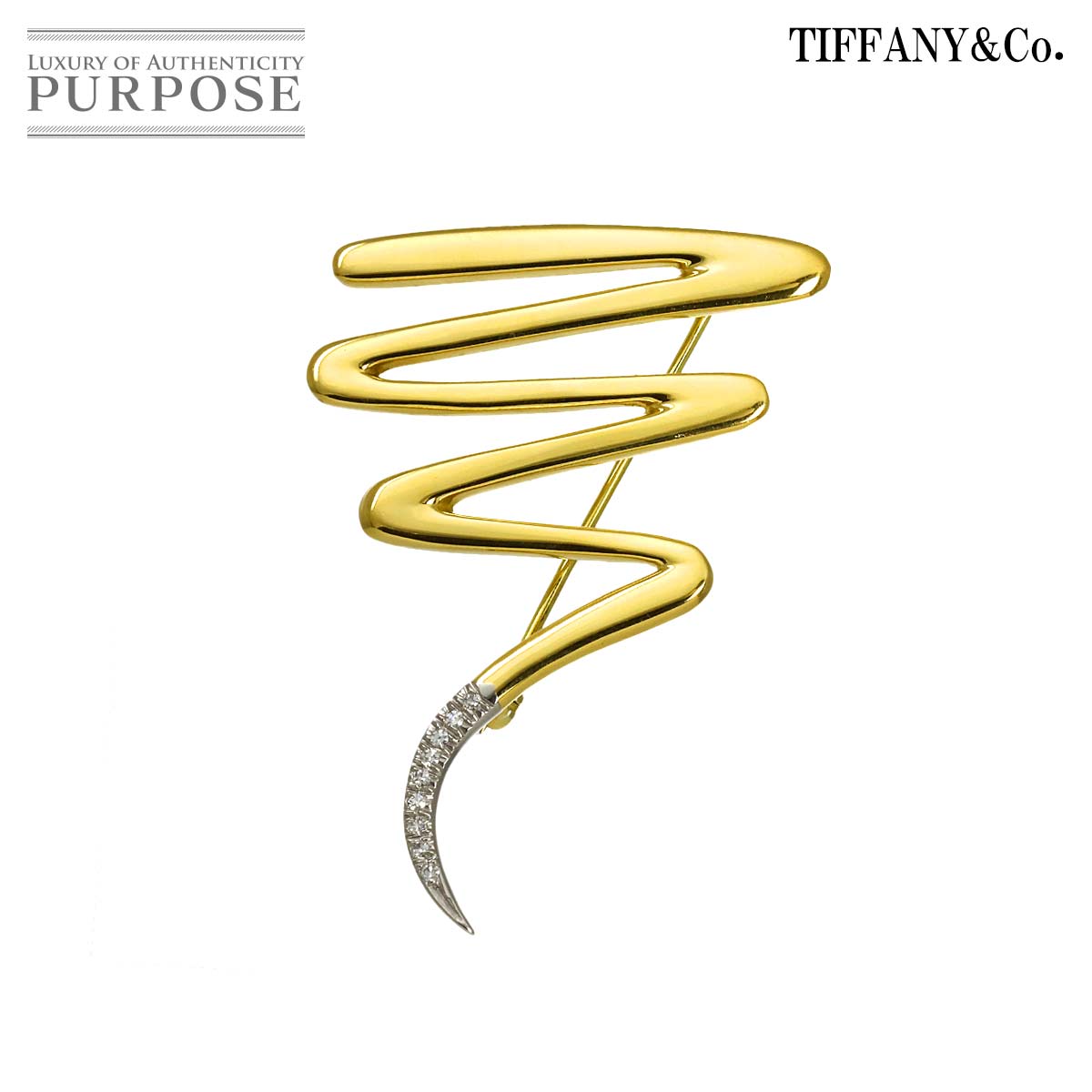 TIFFANY&Co. スクリブル ダイヤ ブローチ K18 YG イエローゴールド 750 プラチナ Pt Diamond Brooch ティファニー 90333046