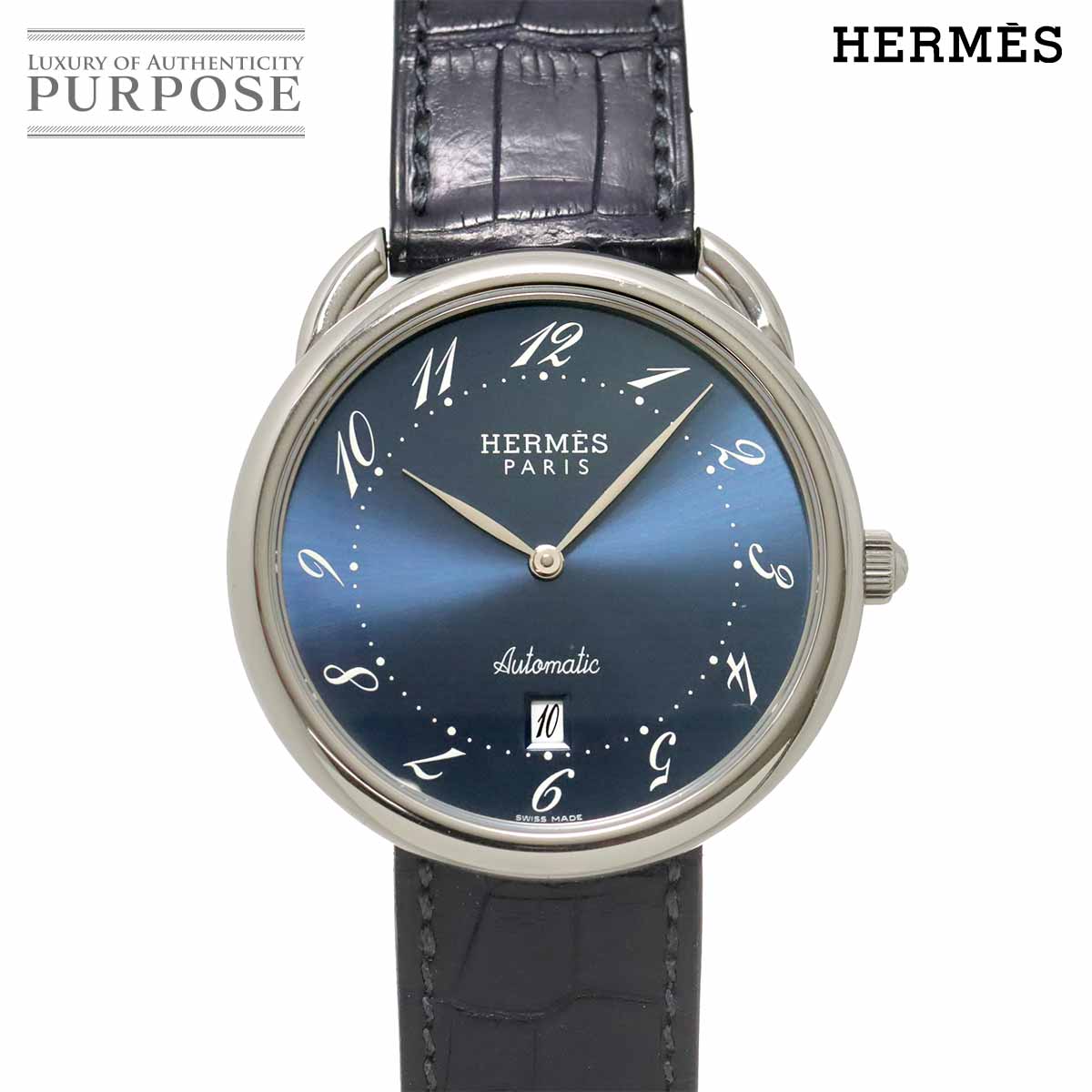 HERMES アルソー AR4 810 メンズ 腕時計 デイト ブルー オートマ 自動巻き ウォッチ Arceau エルメス 90338870
