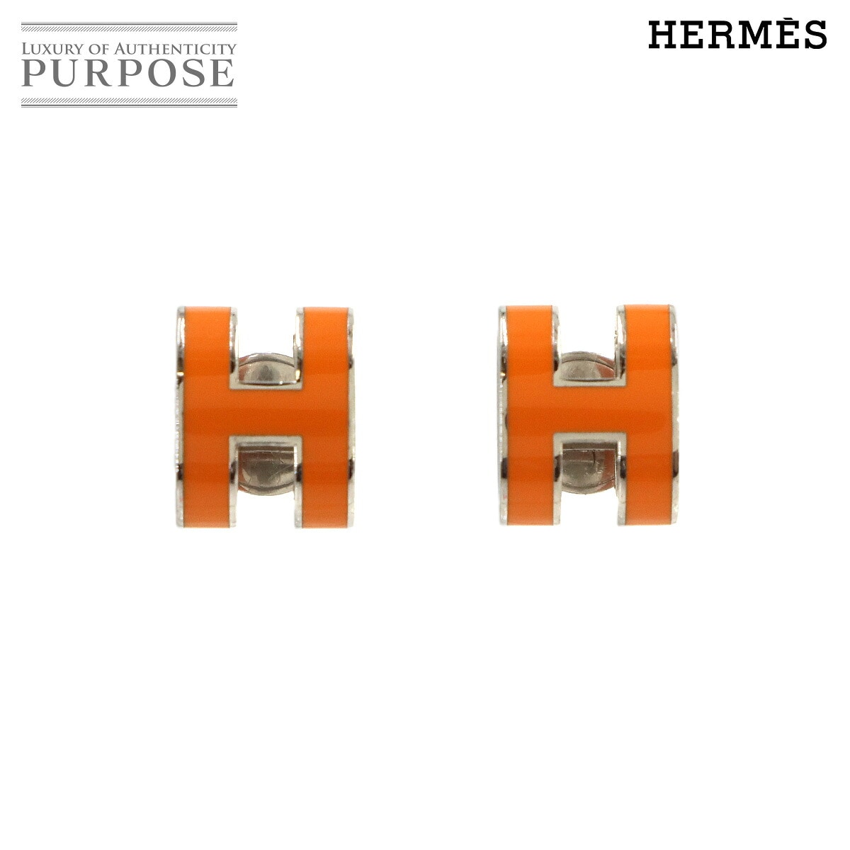 HERMES ポップアッシュ H ピアス オレンジ シルバー アクセサリー Pop H Earrings エルメス 90335268