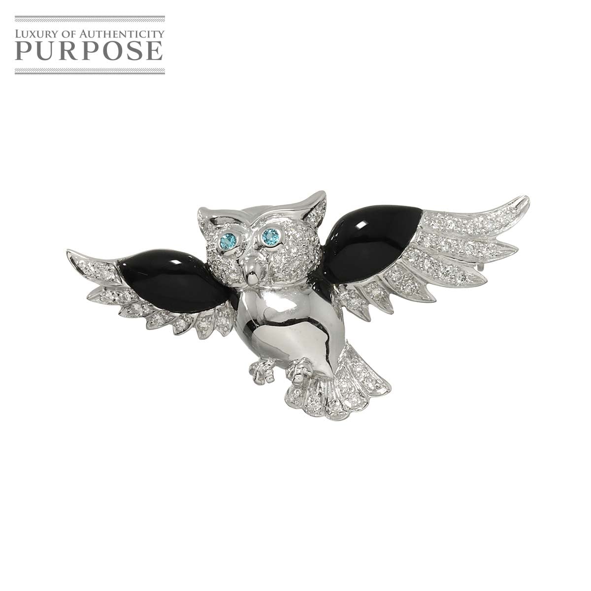 ダイヤ 0.42ct トリートダイヤ 0.05ct オニキス ブローチ K18 WG ホワイトゴールド 750 Diamond Brooch 90312092