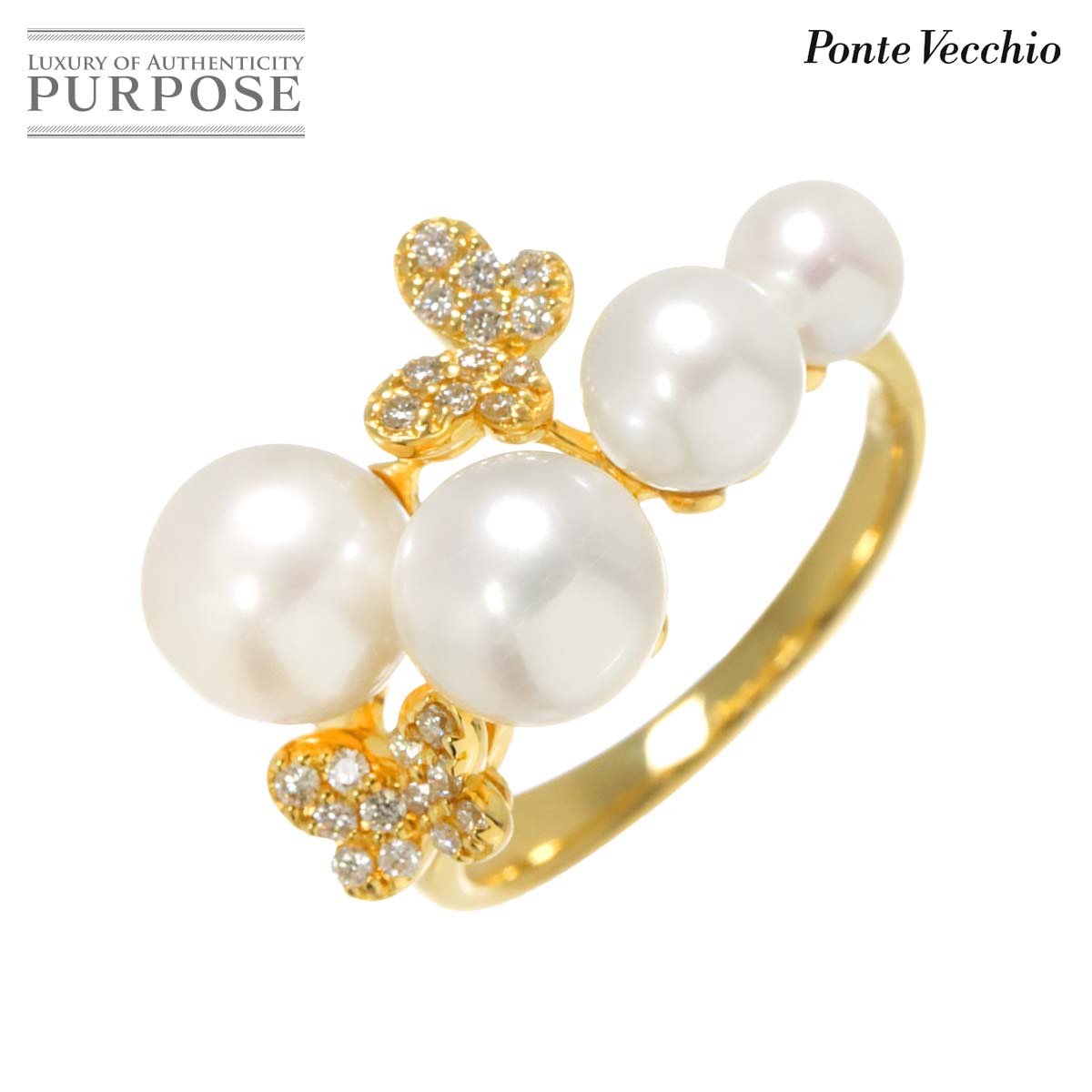 Ponte Vecchio 10号 リング アコヤ真珠 7.0-4.6mm ダイヤ 0.13ct K18 YG イエローゴールド 750 パール 指輪 Ring ポンテヴェキオ 90312764