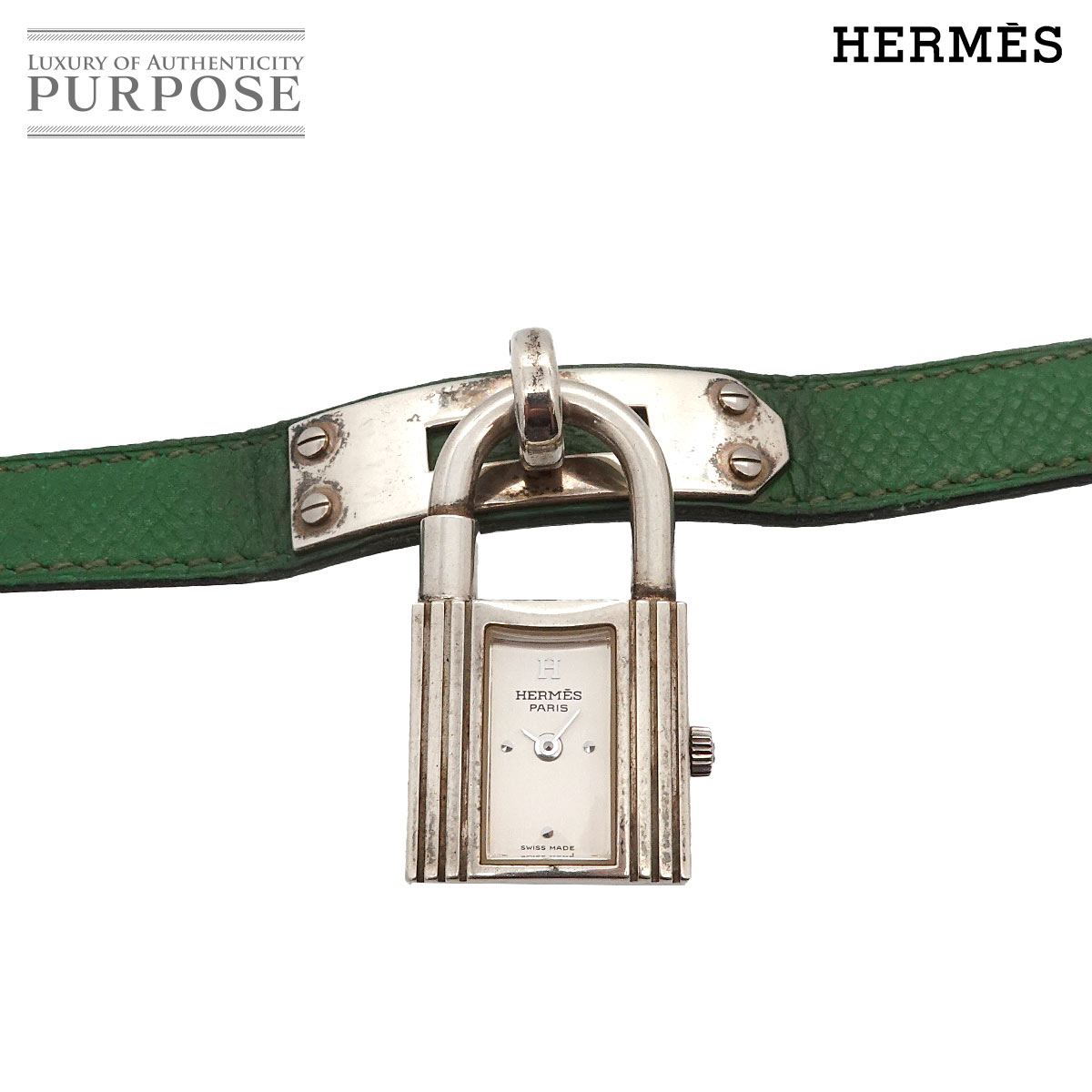 HERMES ケリーウォッチ ヴィンテージ レディース 腕時計 シルバー SV925 グリーン レザー クォーツ ウォッチ カデナ Kelly Watch エルメス 90337525