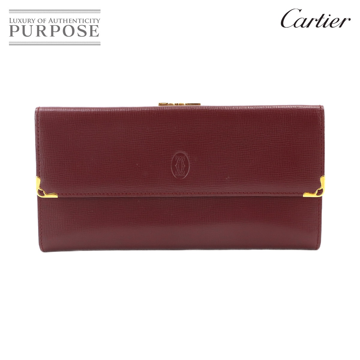 Cartier マストライン 三つ折り がま口 長財布 レザー ボルドー ゴールド 金具 Must Long Wallet カルティエ 90336646