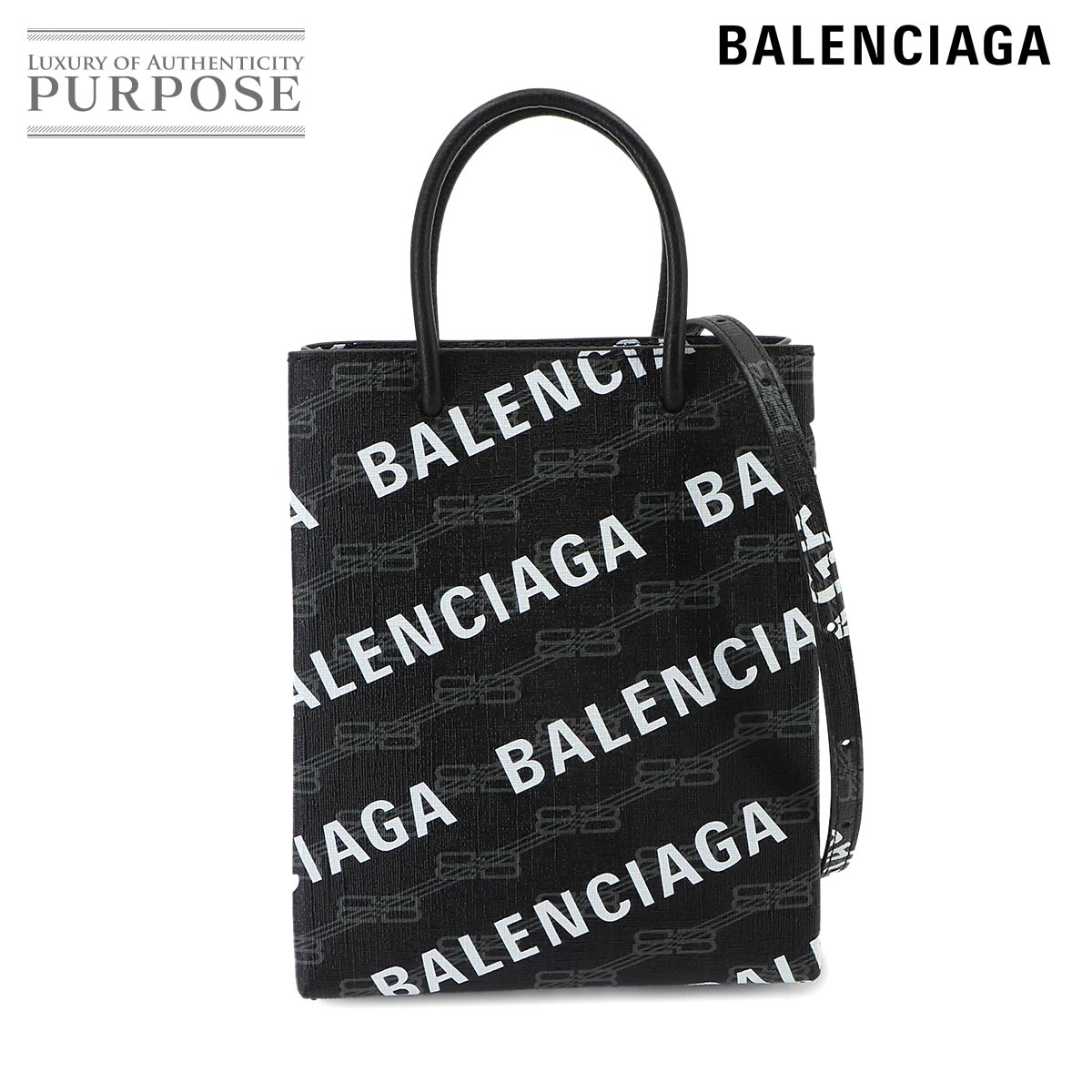 BALENCIAGA BBモノグラム ラージ ショッピング バッグ 2way ハンド ショルダー バッグ PVC レザー ブラック 693805 シルバー 金具 Large Shopping Bag バレンシアガ 90337796