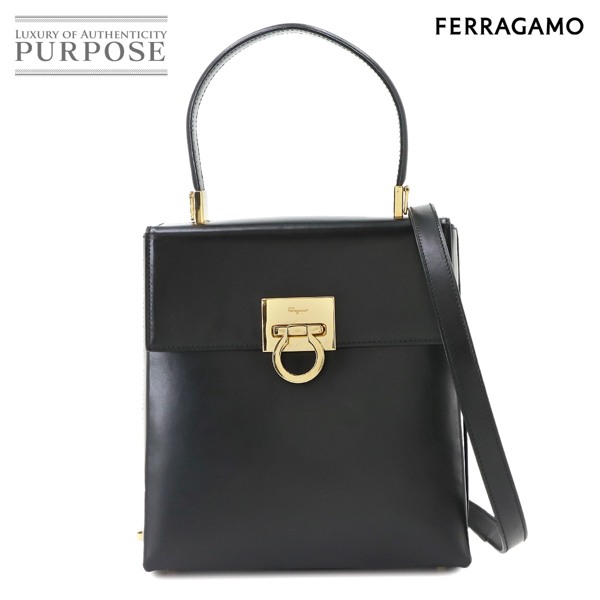 Salvatore Ferragamo ガンチーニ 2way ハンド ショルダー バッグ レザー ブラック 21 8658 ゴールド 金具 Gancini Bag サルヴァトーレ フェラガモ 90337950