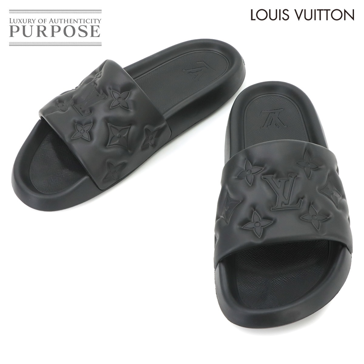 LOUIS VUITTON ウォーターフロント ライン ミュール モノグラム サンダル ブラック メンズ UK9 27.5cm Waterfront Line Mules ルイ ヴィトン 90331329