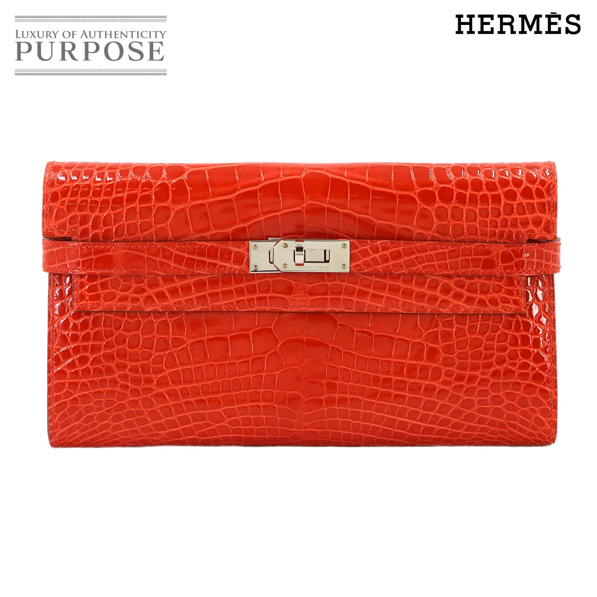 HERMES クロコダイル アリゲーター ケリー ウォレット 二つ折り 長財布 ゼラニウム X刻印 シルバー 金具 Kelly Wallet エルメス 90339880