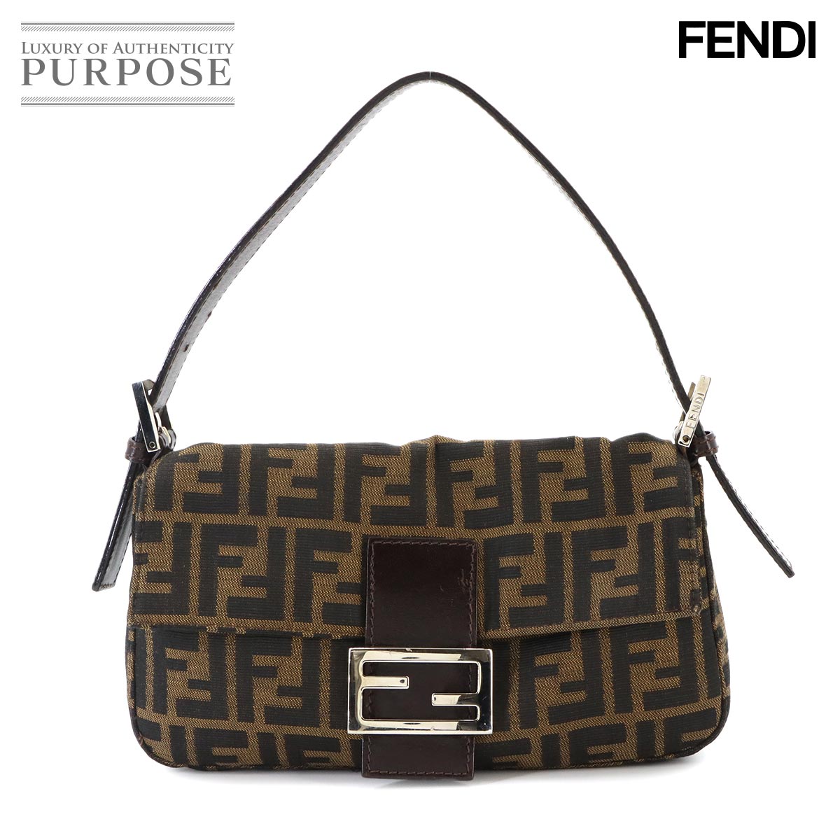 FENDI ズッカ マンマバゲット ショルダー バッグ キャンバス レザー ブラウン 26424 シルバー 金具 Zucca Mamma Baguette フェンディ 90339921
