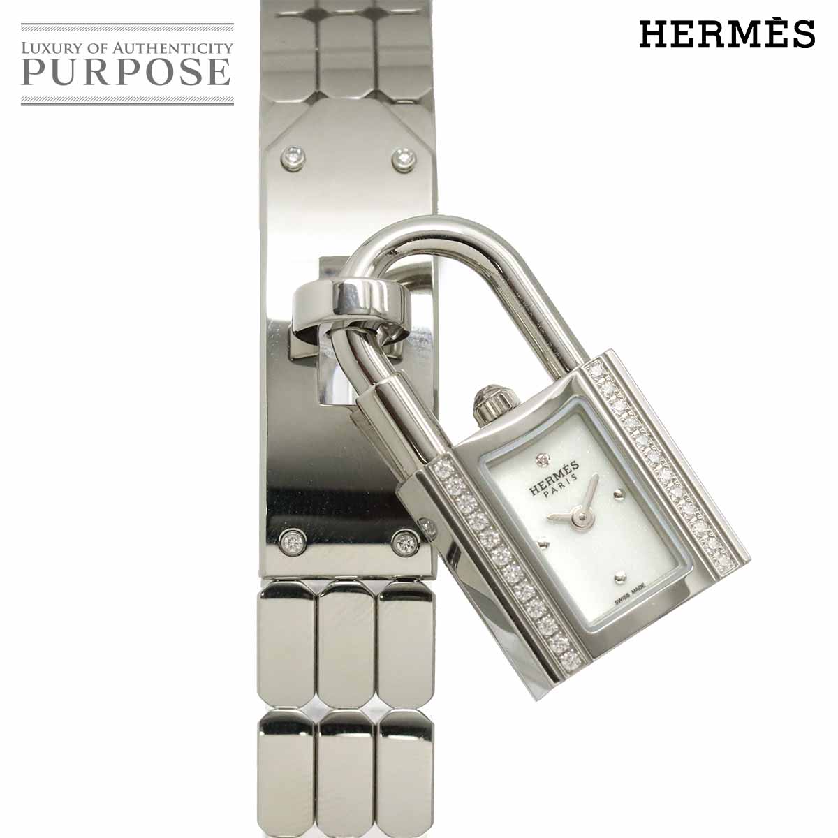 HERMES ケリーウォッチ KE4 130b ダイヤ ベゼル レディース 腕時計 ホワイト クォーツ ウォッチ カデナ Kelly Watch エルメス 90341572