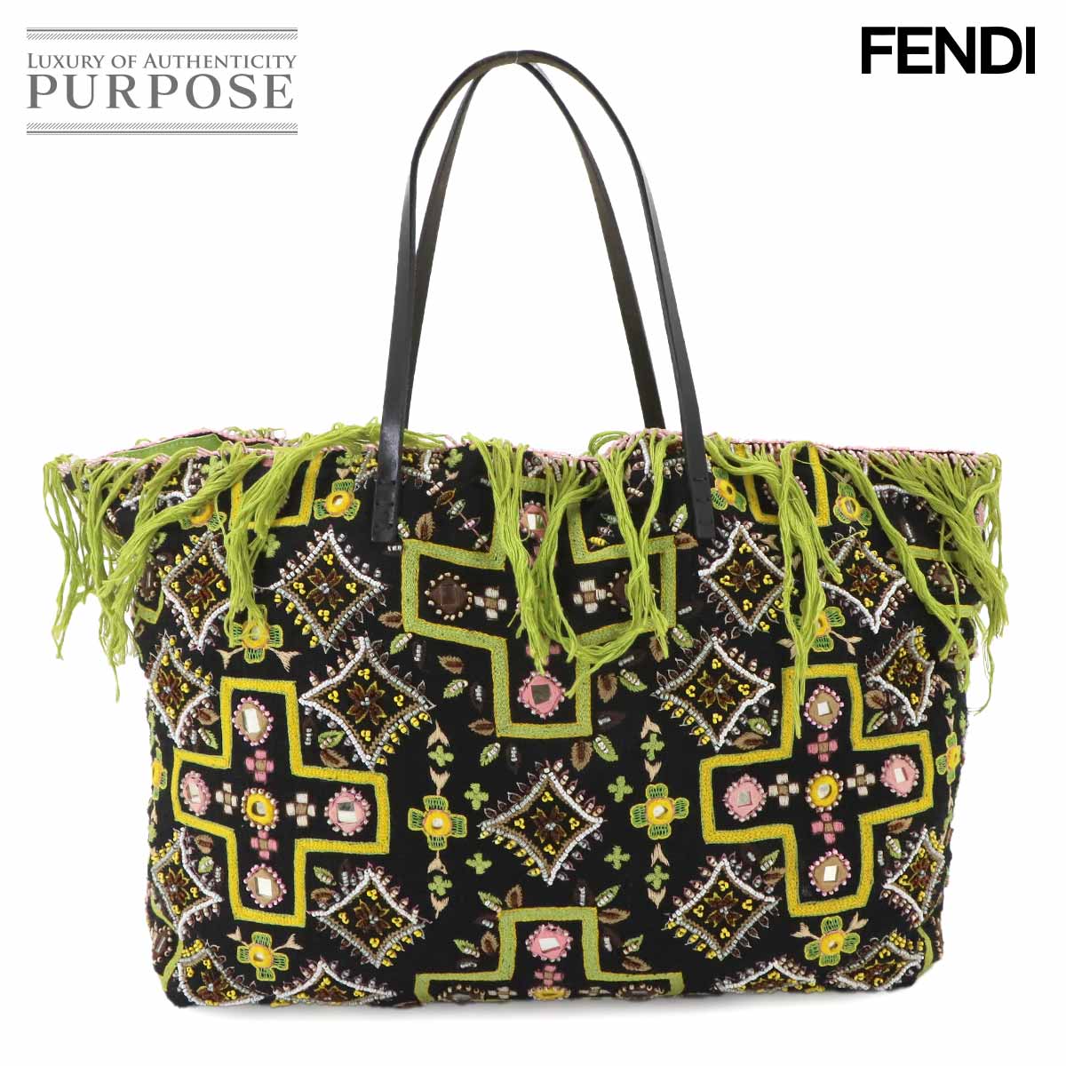 FENDI ビーズ 刺繍 トート バッグ キャンバス レザー マルチカラー シルバー 金具 Beads Tote Bag フェンディ 90335254