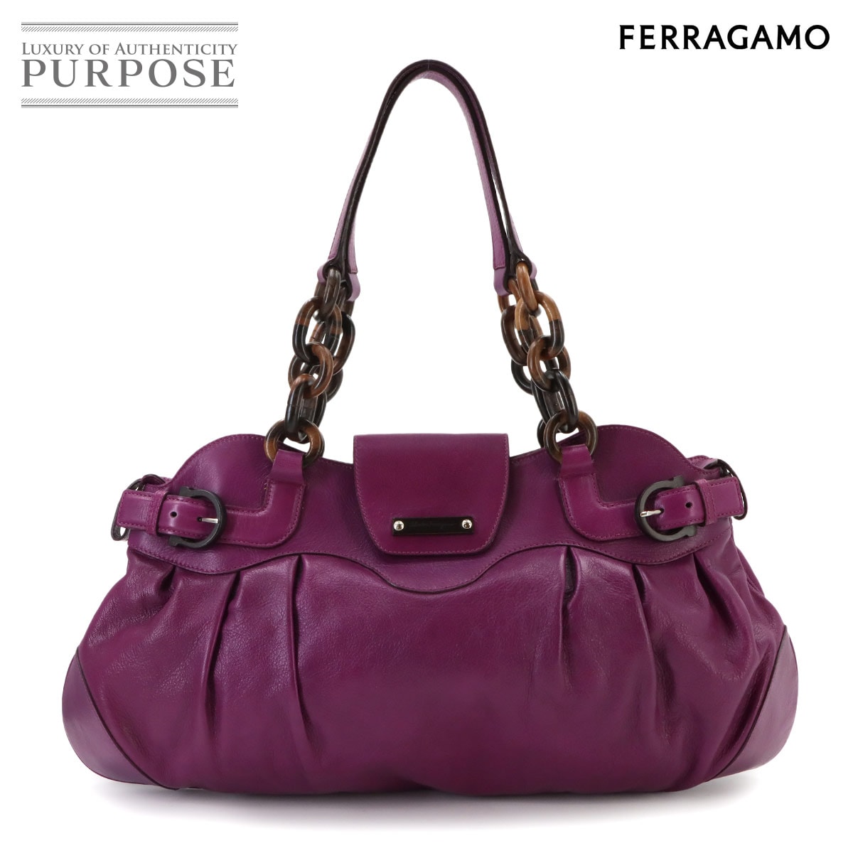 Salvatore Ferragamo ガンチーニ ウッド チェーン ショルダー バッグ レザー パープル 21 6371 シルバー 金具 Gancini Bag サルヴァトーレ フェラガモ 90340072
