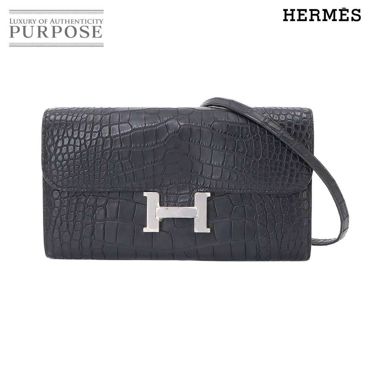 HERMES クロコダイル アリゲーター マット コンスタンスロング トゥーゴー 二つ折り 長財布 ブラック K刻印 シルバー 金具 Constance Long To Go エルメス 90340649