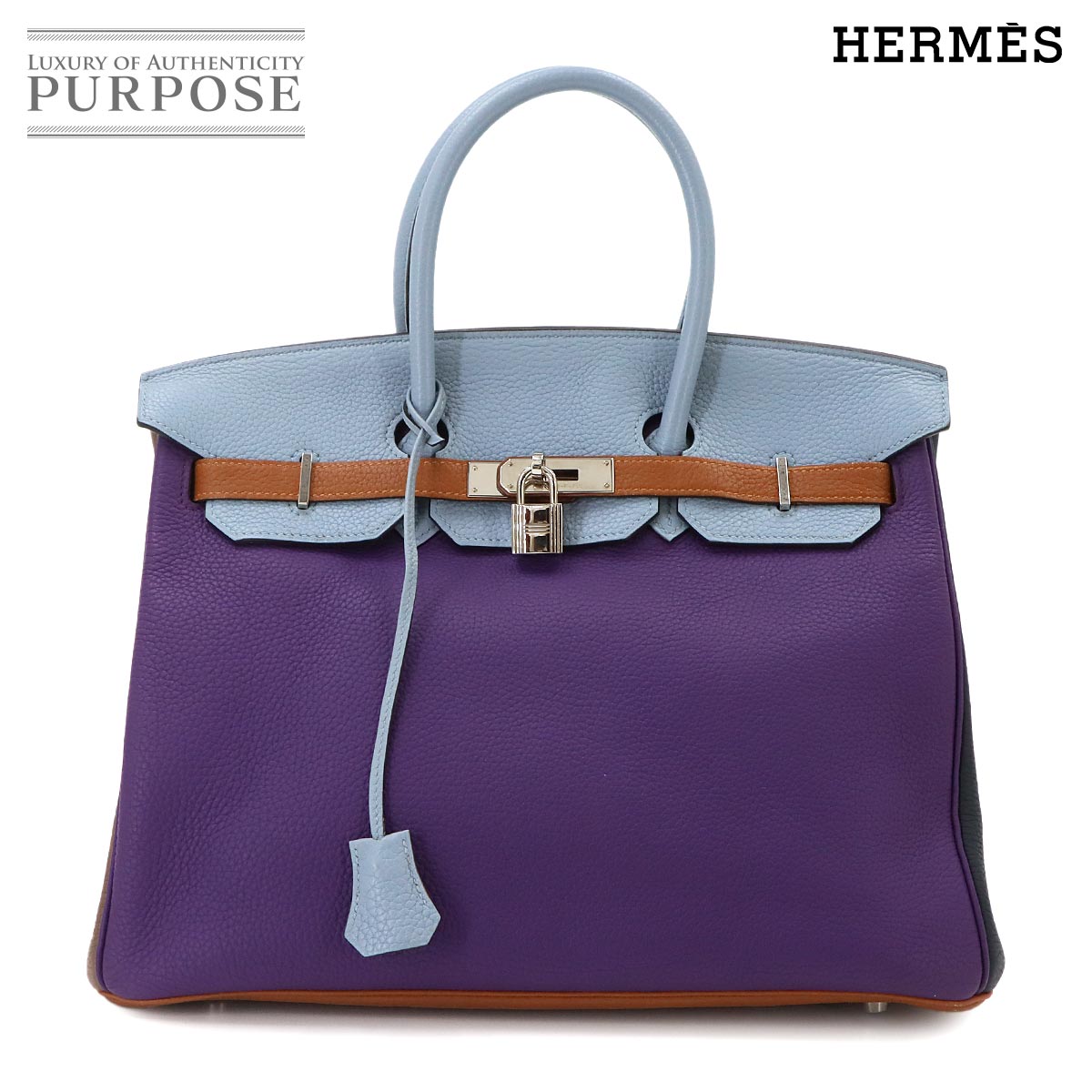 HERMES バーキン35 アルルカン トリヨンクレマンス ウルトラバイオレット ブルーラン ハンド バッグ エタン エトゥープ ゴールド □Q刻印 Birkin Aarlequin エルメス 90340882