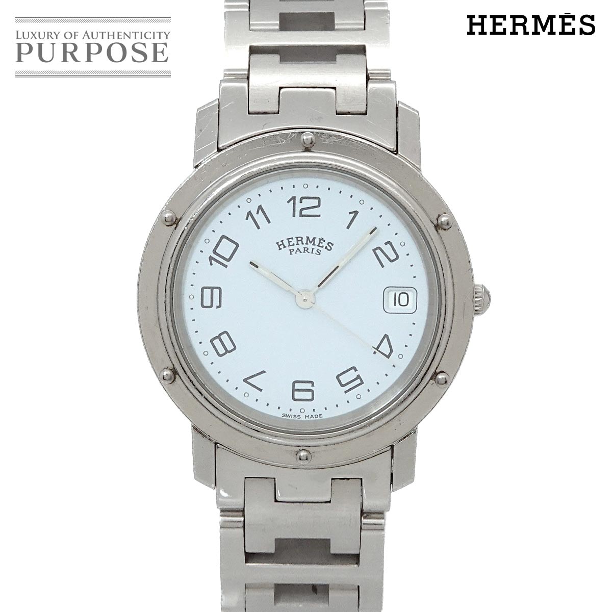 HERMES クリッパー CL6 710 ヴィンテージ メンズ 腕時計 デイト ホワイト クォーツ ウォッチ Clipper エルメス 90341808