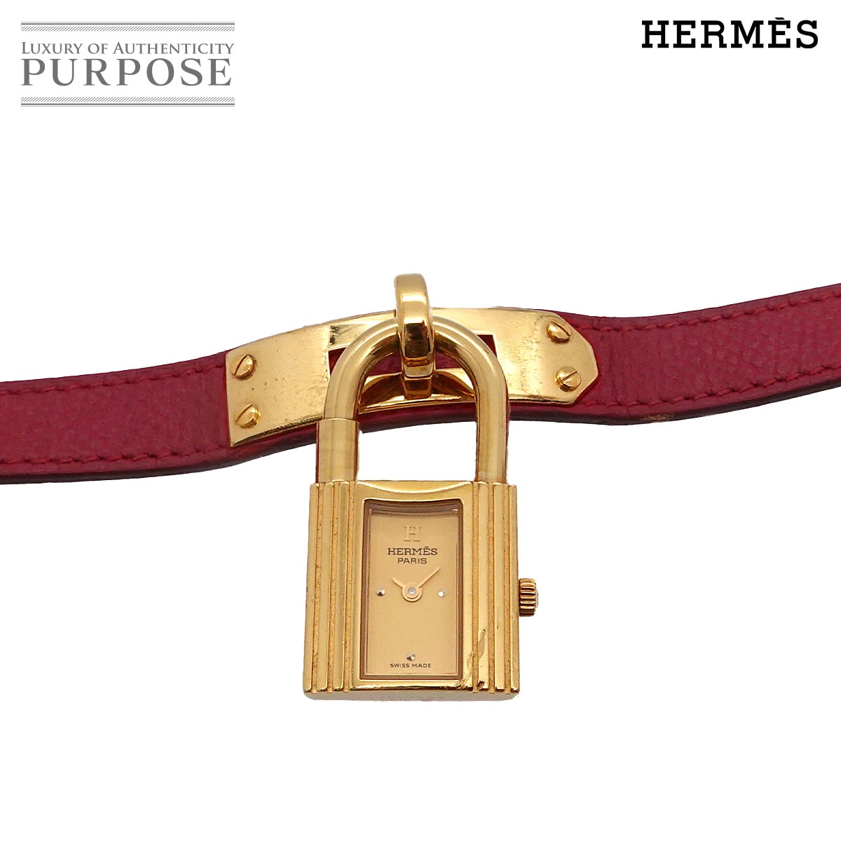 HERMES ケリーウォッチ ヴィンテージ レディース 腕時計 ゴールド レッド クォーツ ウォッチ カデナ Kelly Watch エルメス 90341949
