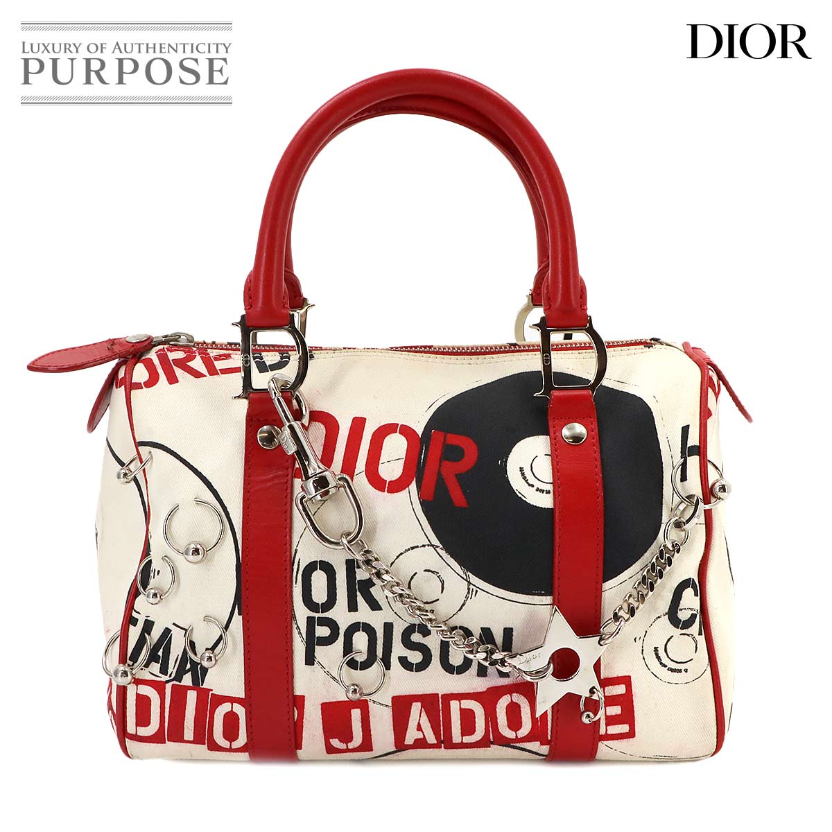 Christian Dior ハードコア ポイズン ミニ ボストン ハンド バッグ キャンバス レザー ホワイト レッド ブラック シルバー 金具 ヴィンテージ Hardcore Poison Mini Boston Bag クリスチャン ディオール 90339911
