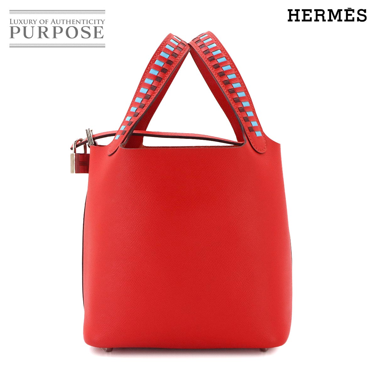HERMES ピコタンロック 18 PM トレサージュ ハンド バッグ エプソン ルージュクー ブルーデュノール ルージュアッシュ C刻印 シルバー 金具 Picotin Lock PM Tressage エルメス 90340057