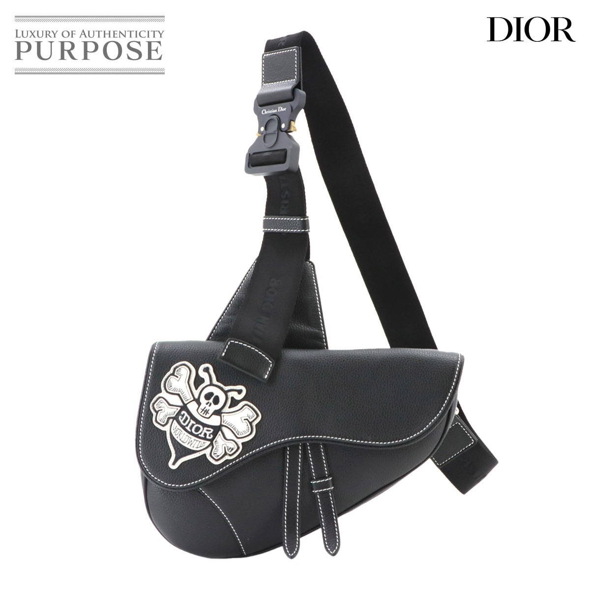 Christian Dior Stussy コラボ サドルバッグ ショルダー バッグ レザー ブラック シルバー 金具 クリスチャン ディオール 90340069