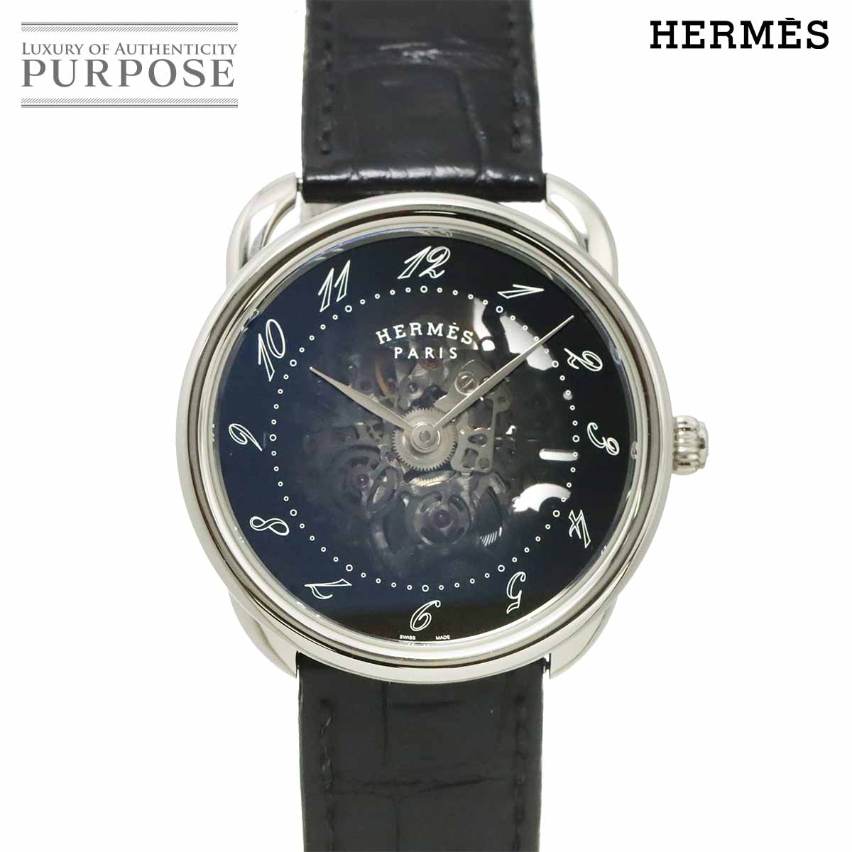 HERMES アルソー スケレット AR2 710 メンズ 腕時計 ブラック スケルトン オートマ 自動巻き ウォッチ Arceau エルメス 90340198