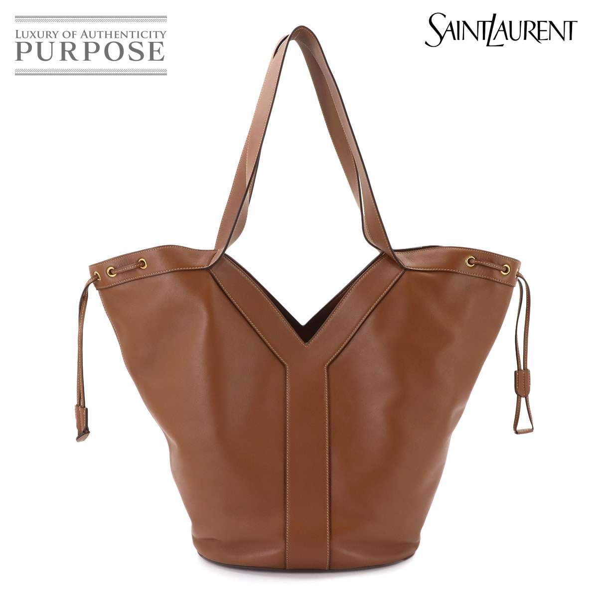 SAINT LAURENT Y ホーボー トート バッグ レザー ブラウン 833160 ゴールド 金具 Y Tote Bag サンローラン 90335514