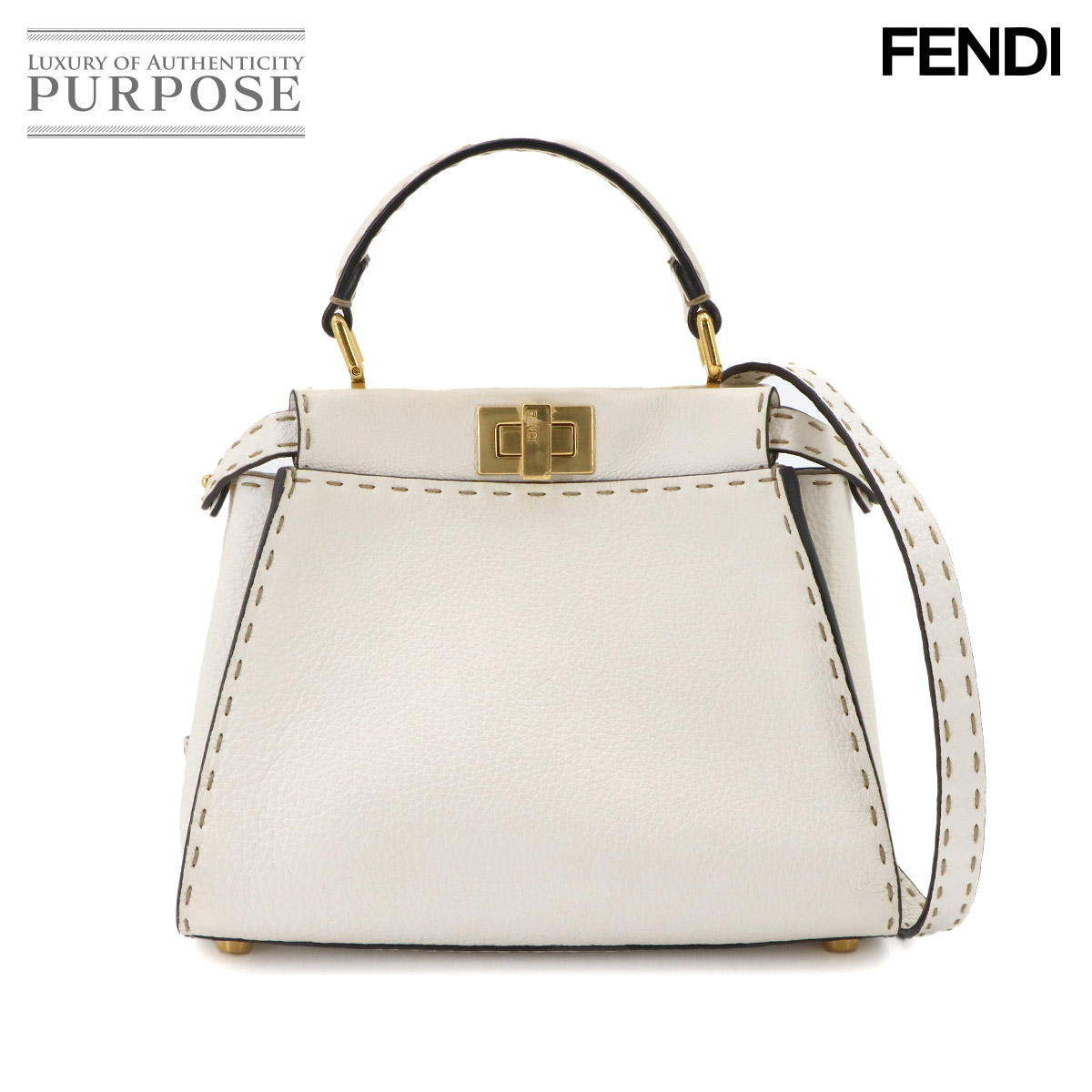 FENDI セレリア ミニ ピーカブー 2way ハンド ショルダー バッグ レザー ホワイト 8BN244 ゴールド 金具 Selleria Peekaboo Mini フェンディ 90340643