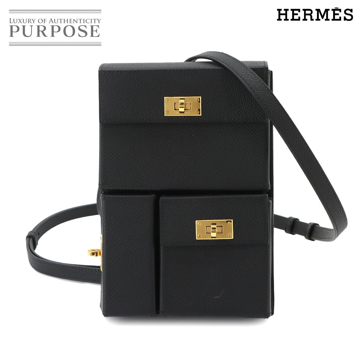 HERMES ケリー マルチポケット トゥーゴー ポーチ エプソン ブラック ショルダー バッグ W刻印 ゴールド 金具 Kelly Multipocket To Go Pouch エルメス 90342068