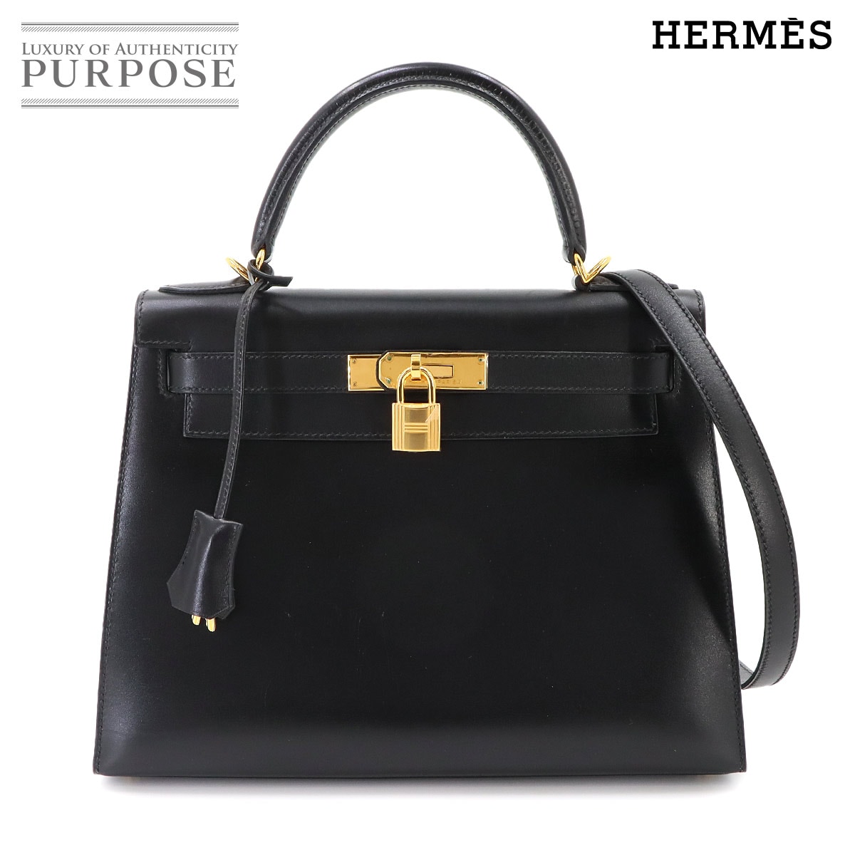 HERMES ケリー 28 ボックスカーフ ブラック 2way ハンド ショルダー バッグ □D刻印 外縫い ゴールド 金具 Kelly 28 エルメス 90342260