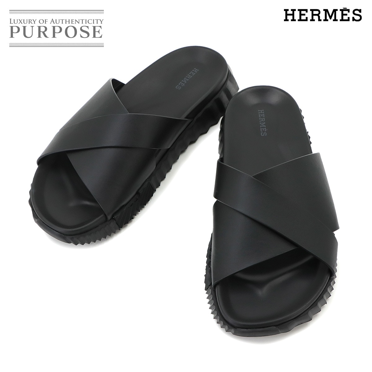 HERMES インフラ サンダル ブラック レザー ラバー メンズ EU41 26cm Sandale Infla エルメス 90331330