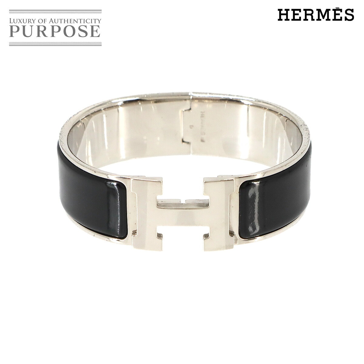HERMES クリッククラック H PM バングル ブラック シルバー 金具 アクセサリー Clic Clac H エルメス 90335400