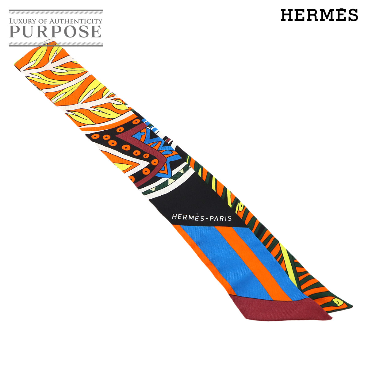 HERMES ツイリー スカーフ シルク 100% マハラニの庭 オレンジ マルチカラー Twilly doll Scarfエルメス 90339922