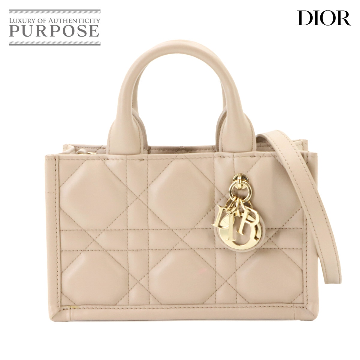Christian Dior マクロ カナージュ ブック トート ミニ 2way ショルダー バッグ レザー ベージュ S5573OWHP Book Tote Mini クリスチャン ディオール 90340408