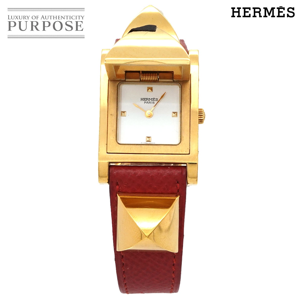 HERMES メドール ヴィンテージ レディース 腕時計 ピラミッド ゴールド スタッズ ホワイト レッド レザー クォーツ ウォッチ Medor エルメス 90342463