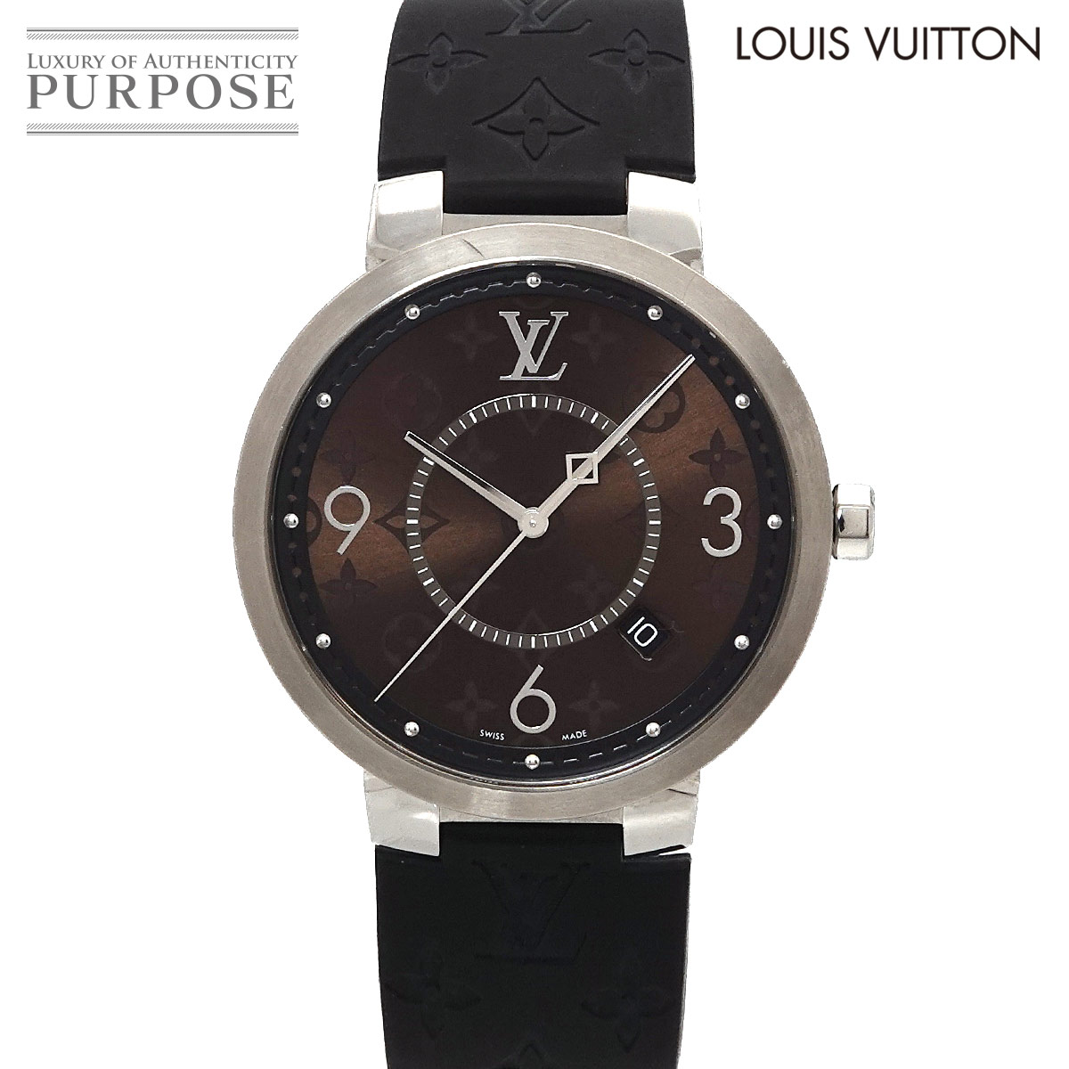 LOUIS VUITTON タンブールスリム モノグラムマカサー GM QA005 メンズ 腕時計 デイト ブラウン クォーツ ウォッチ 90342794