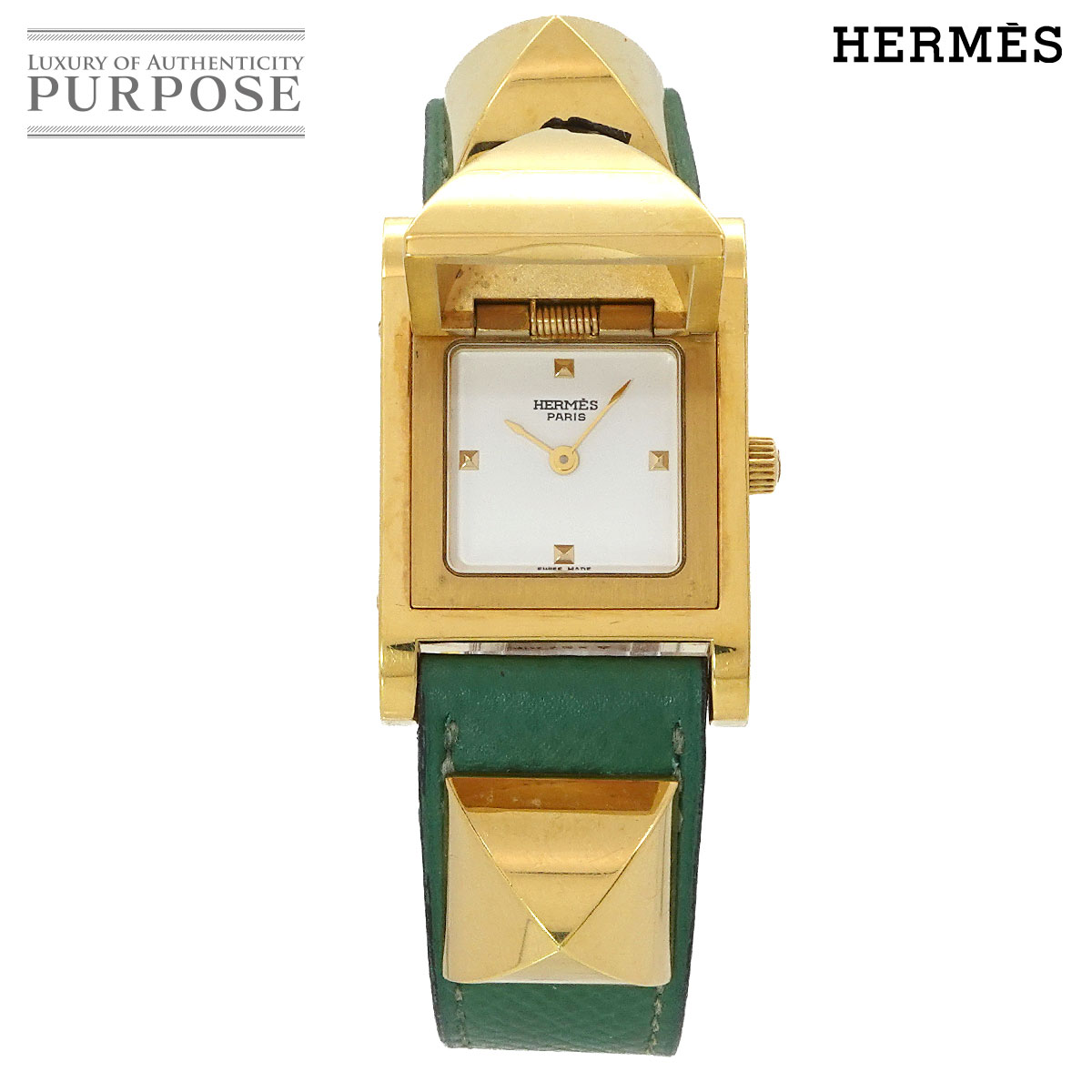 HERMES メドール ヴィンテージ レディース 腕時計 ピラミッド ゴールド スタッズ ホワイト グリーン レザー クォーツ ウォッチ Medor エルメス 90342826