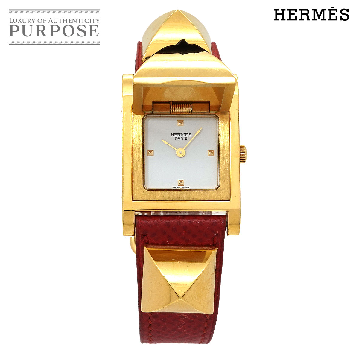 HERMES メドール ヴィンテージ レディース 腕時計 ピラミッド ゴールド スタッズ ホワイト レッド レザー クォーツ ウォッチ Medor エルメス 90343190