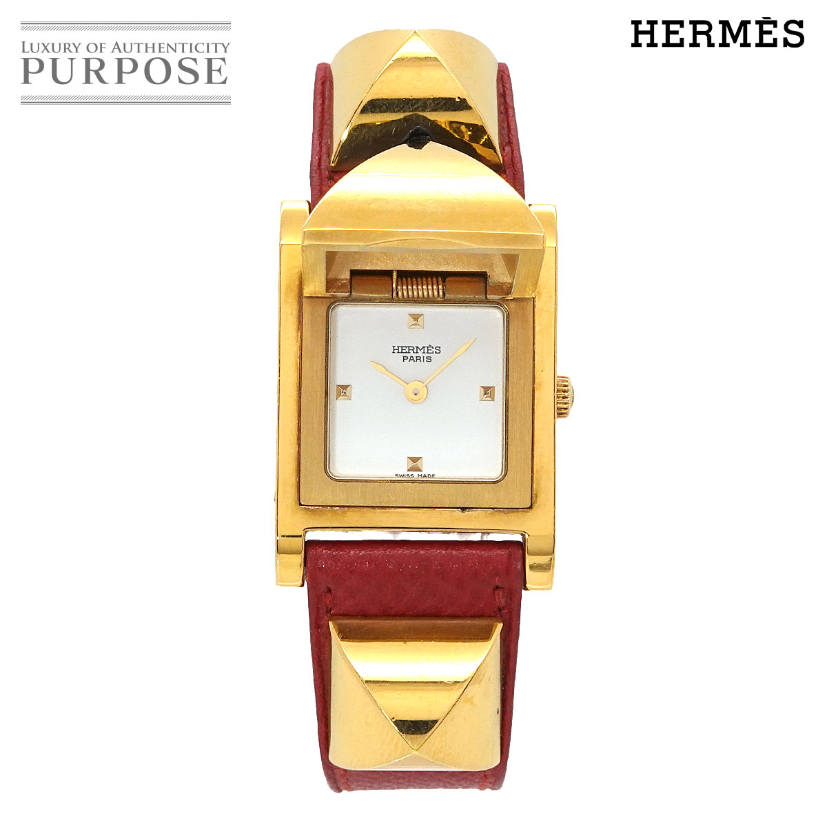 HERMES メドール ヴィンテージ レディース 腕時計 ピラミッド ゴールド スタッズ ホワイト レッド レザー クォーツ ウォッチ Medor エルメス 90343191