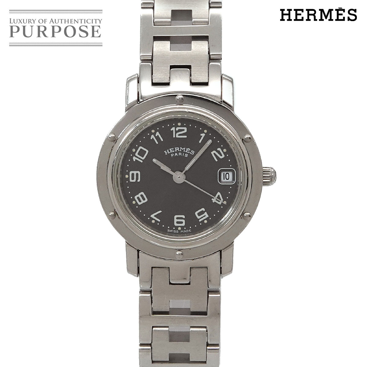 HERMES クリッパー CL4 210 ヴィンテージ レディース 腕時計 デイト グレー クォーツ ウォッチ エルメス 90343369