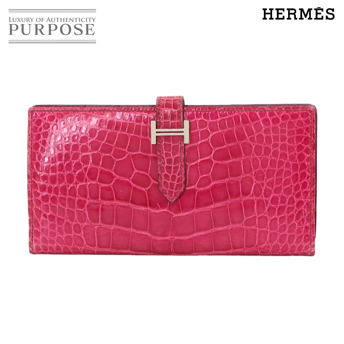 HERMES クロコダイル アリゲーター ベアンスフレ 長財布 フューシャピンク □L刻印 Bearn Soufflet エルメス 90338603