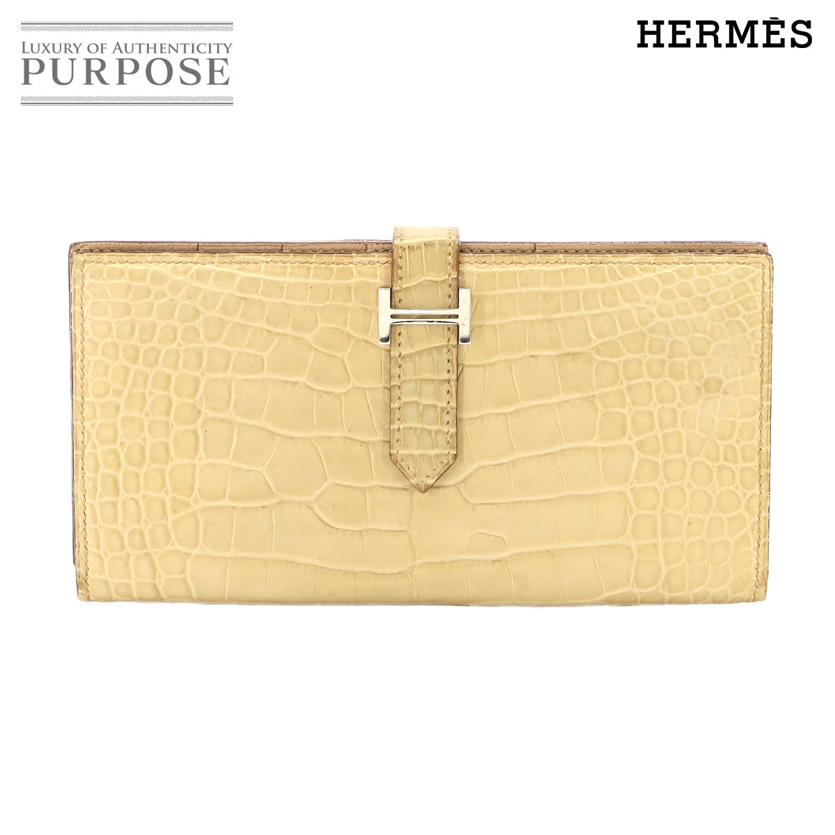HERMES クロコダイル アリゲーター ベアンスフレ 長財布 プシエール □M刻印 シルバー 金具 Bearn Soufflet エルメス 90338604