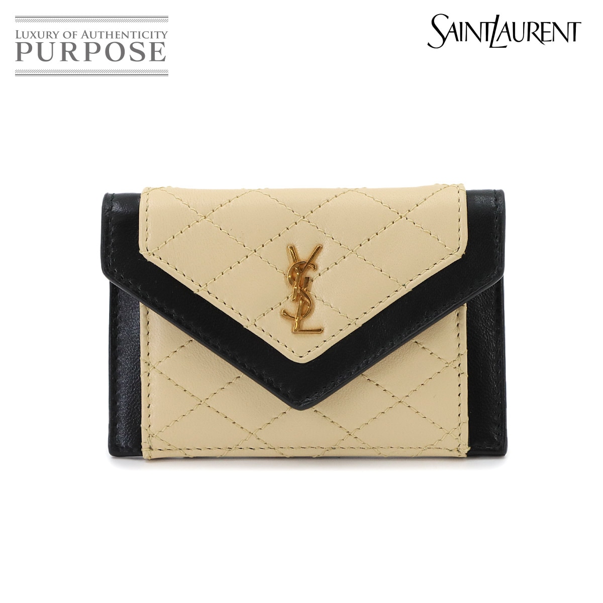 SAINT LAURENT ギャビー フラップ カードケース カードホルダー 名刺入れ レザー ベージュ ブラック 734921 Gaby Flap Card Case サンローラン 90339705