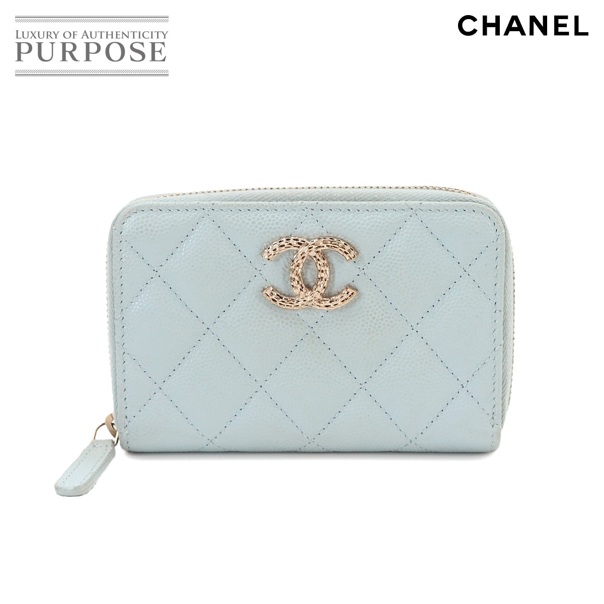 CHANEL マトラッセ コインケース 小銭入れ キャビアスキン レザー ライトブルー ゴールド 金具 Coin Purse シャネル 90339845