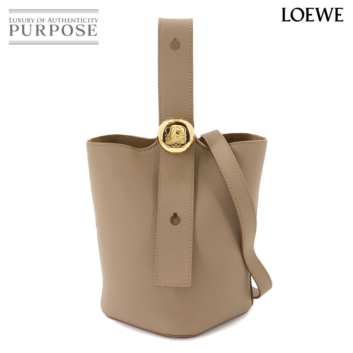 LOEWE ペブル バケットバッグ ミニ 2way ハンド ショルダー バッグ レザー サンド AANBBBMX02 ゴールド 金具 Pebble Bucket Bag ロエベ 90340644
