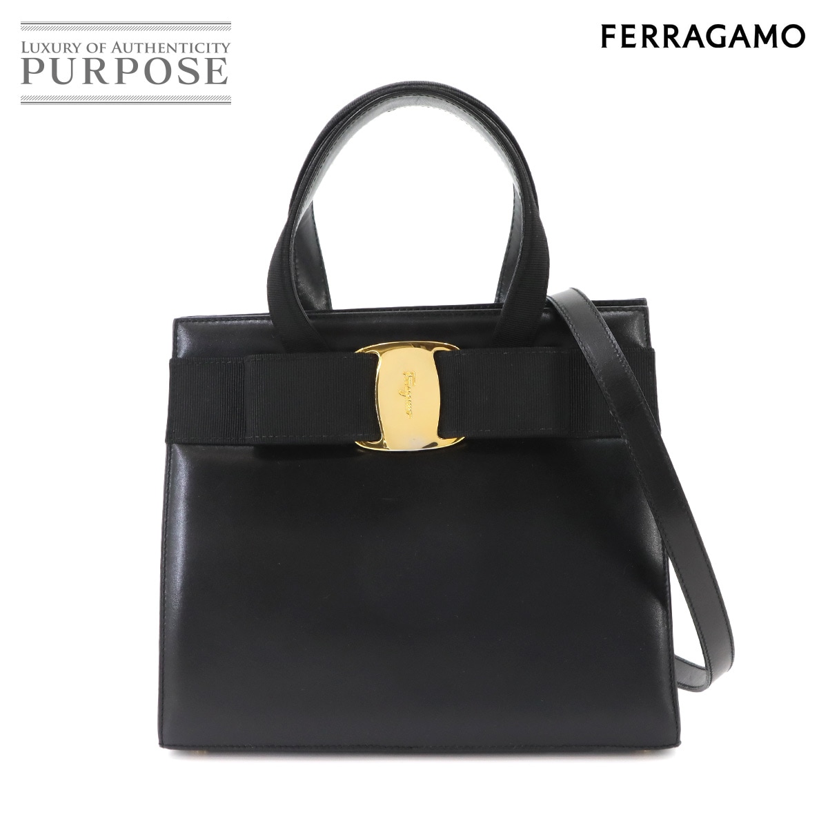 Salvatore Ferragamo ヴァラリボン 2way ハンド ショルダー バッグ レザー ブラック 214178 Vara Hand Shoulder Bag サルヴァトーレ フェラガモ 90341074