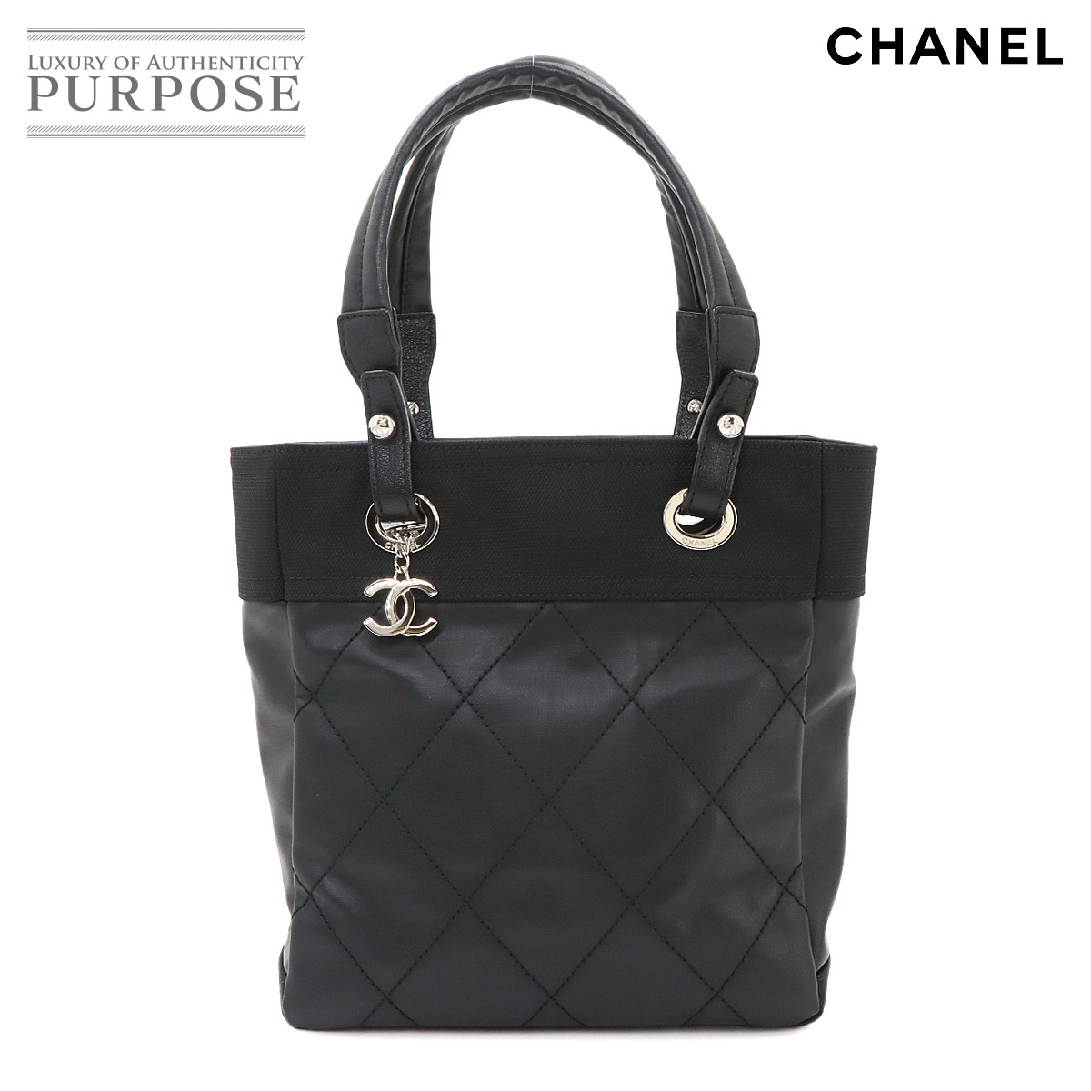 CHANEL パリビアリッツ PM トート バッグ PVC ナイロン レザー ブラック A34208 シルバー 金具 Paris Biarritz PM シャネル 90341832
