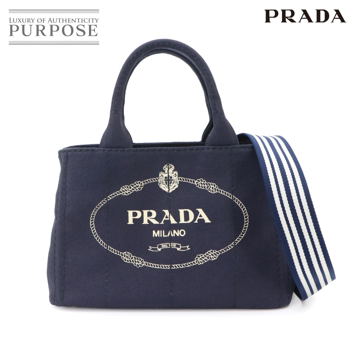 PRADA カナパ ミニ 2way ハンド ショルダー バッグ キャンバス ネイビー 1BG439 ゴールド 金具 Canapa Mini プラダ 90342354